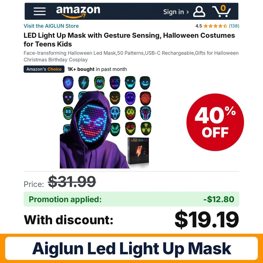 AIGLUN LED Light Up Mask Amazon promo code QUXRUPGH – 40% off