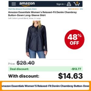 Amazon Essentials Women's Relaxed-Fit Denim Chambray Button-Down – 48% off