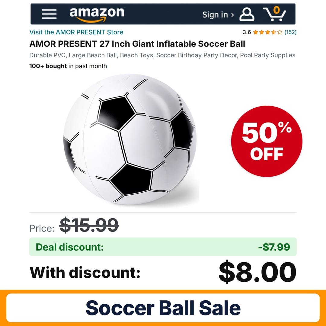AMOR PRESENT 27 Inch Giant Inflatable Soccer – 50% off