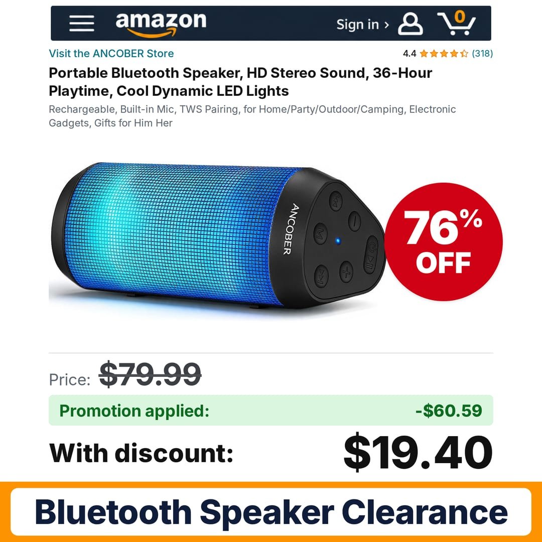 ANCOBER Portable Bluetooth Speaker Amazon promo code XBNXDFL7 – 76% off