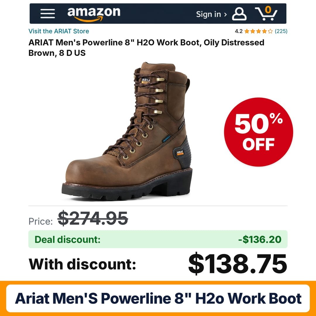 ARIAT Men's Powerline 8" H2O Work Boot – 50% off
