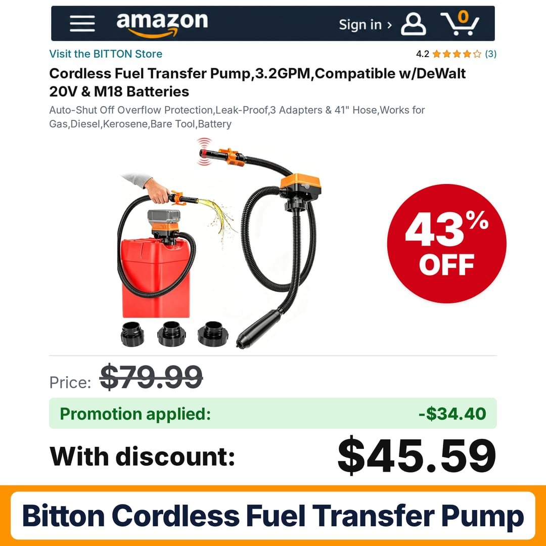 BITTON Cordless Fuel Transfer Pump Amazon promo code NOPMEVJP – 43% off