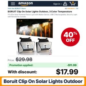 BORUIT Clip On Solar Lights Outdoor Amazon promo code LL40G2NB – 40% off