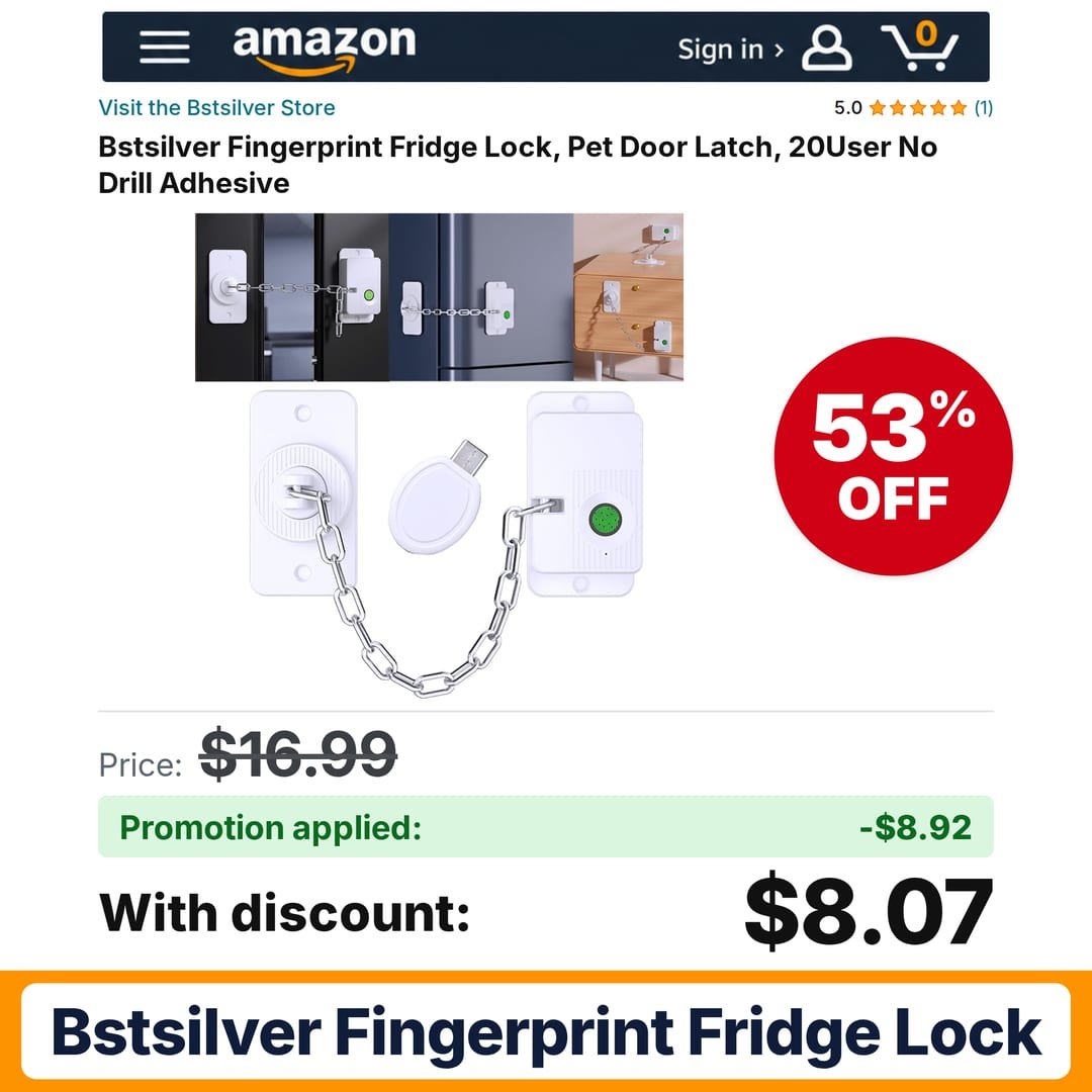 Bstsilver Fingerprint Fridge Lock 20User Amazon promo code SR2ES5NX – 53% off