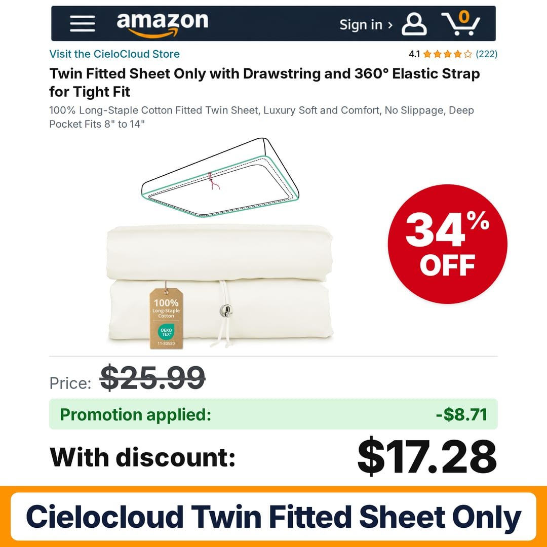 CieloCloud Twin Fitted Sheet Only Amazon promo code XN90BJM7 – 34% off