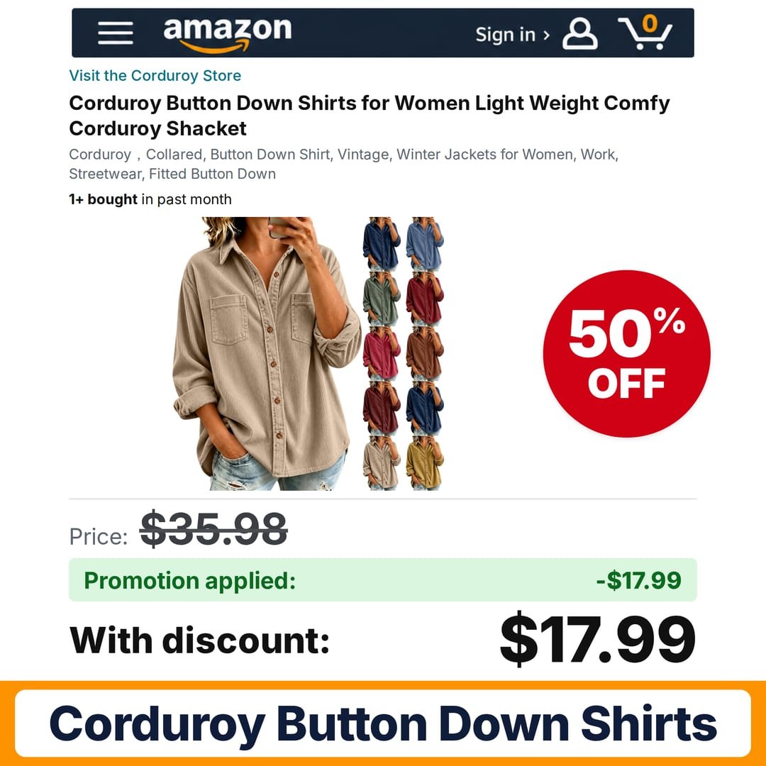 Corduroy Button Down Shirts Amazon promo code V9NPK2C7 – 50% off