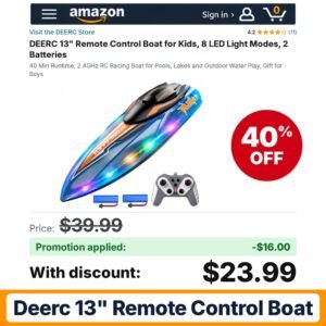 DEERC 13" Remote Control Boat Amazon promo code DE1271014 – 40% off