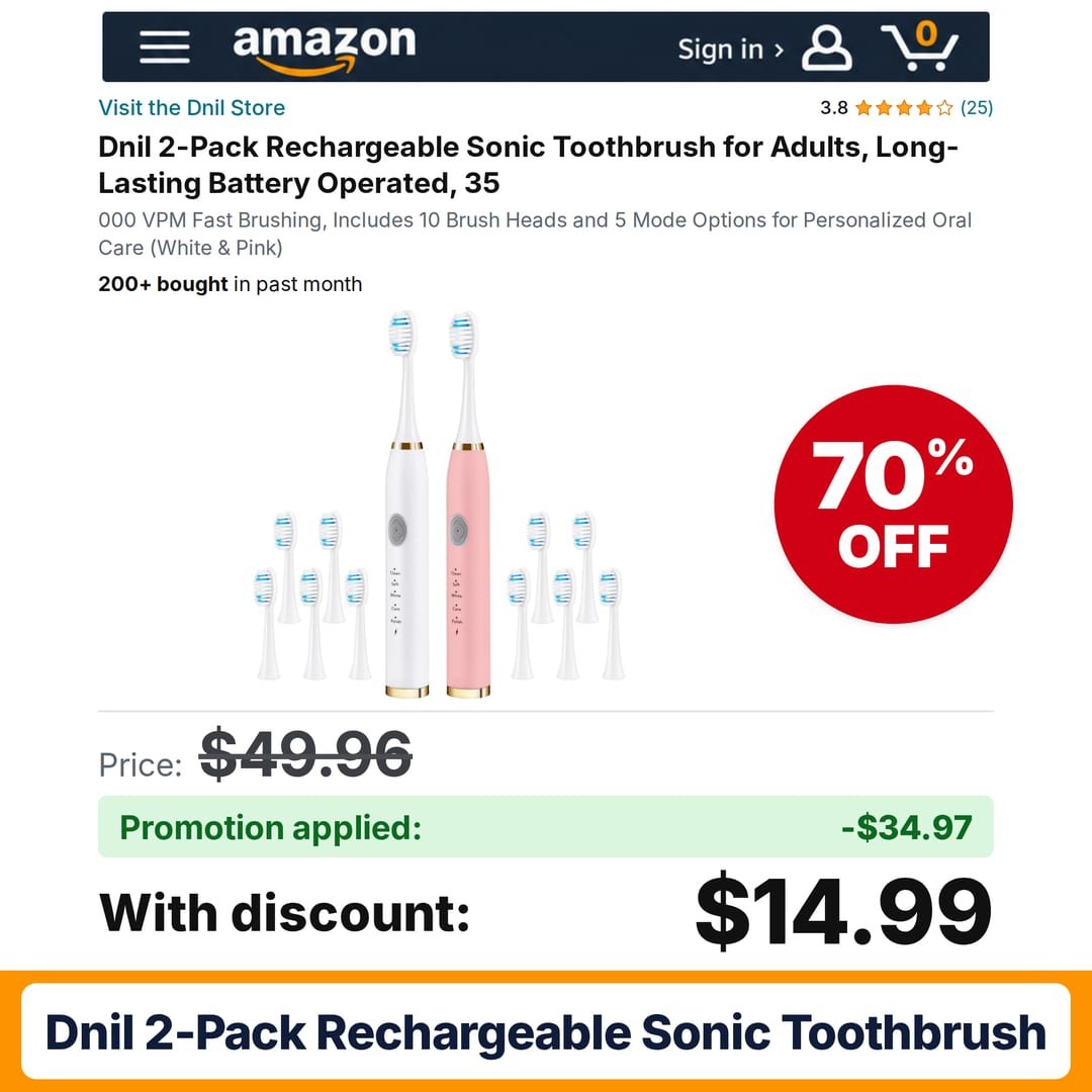 Dnil 2-Pack Rechargeable Sonic Toothbrush Amazon promo code UITD0P3X – 70% off
