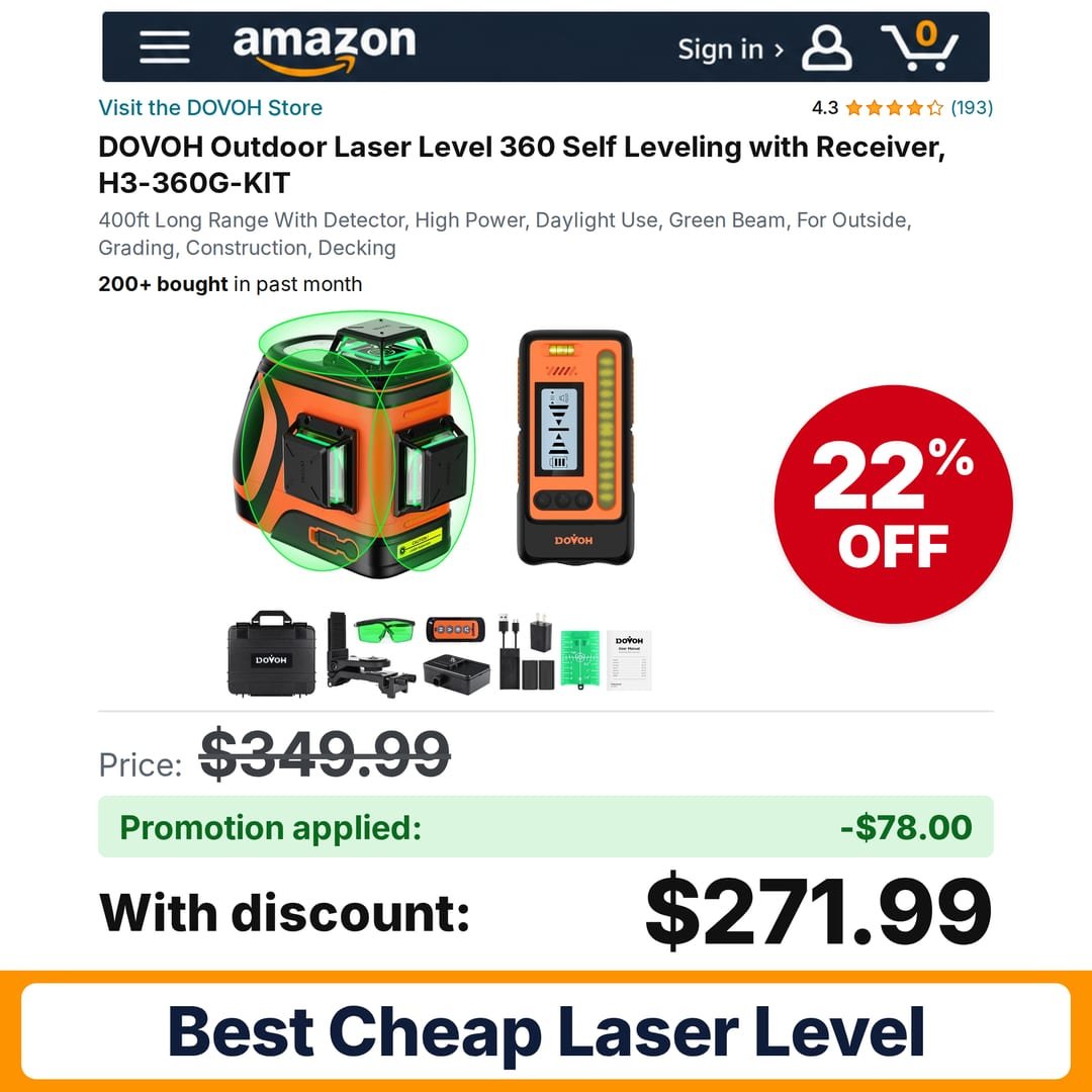 DOVOH Outdoor Laser Level 360 Self Leveling Amazon promo code M54PUVOK – 22% off