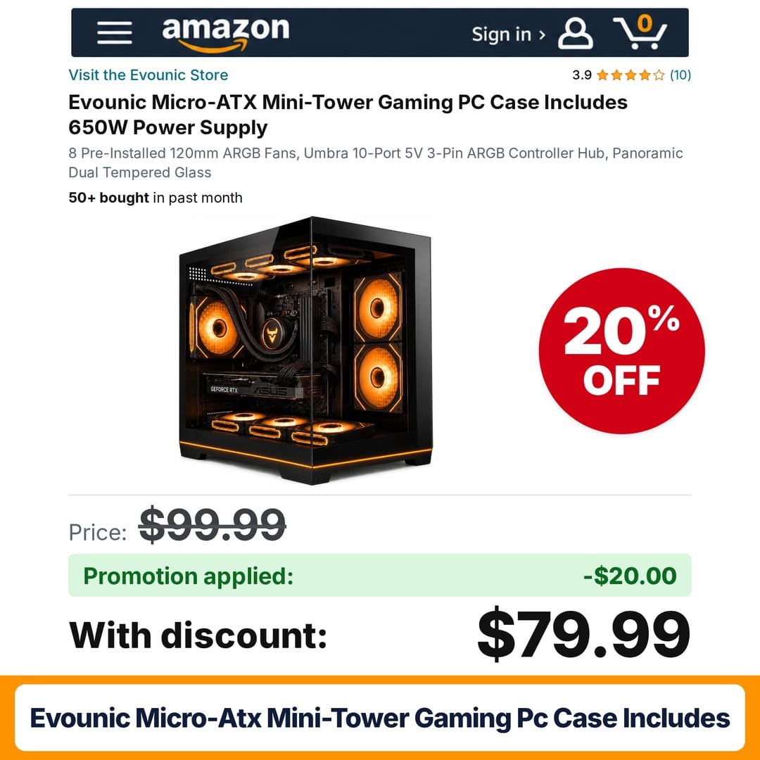 Evounic Micro-ATX Mini-Tower Gaming PC Case Includes Amazon promo code 5VZP6VWI – 20% off