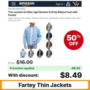 fartey Thin Jackets Amazon promo code DVPW7799 – 50% off