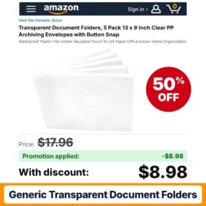 Generic Transparent Document Folders Amazon promo code LEY7K3EN – 50% off