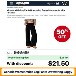 Generic Women Wide Leg Pants Drawstring Baggy A004-black Amazon promo code ATA642NX – 50% off