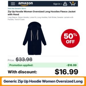 Generic Zip Up Hoodie Women Oversized Long H10 Navy Amazon promo code JK4D3ALL – 50% off