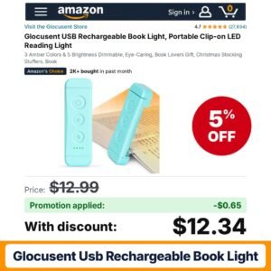 Glocusent USB Rechargeable Book Light Amazon promo code Q4TMSK95 – 5% off