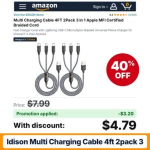 IDISON Multi Charging Cable 4FT 2Pack 3 Amazon promo code 99HAKI8P – 40% off