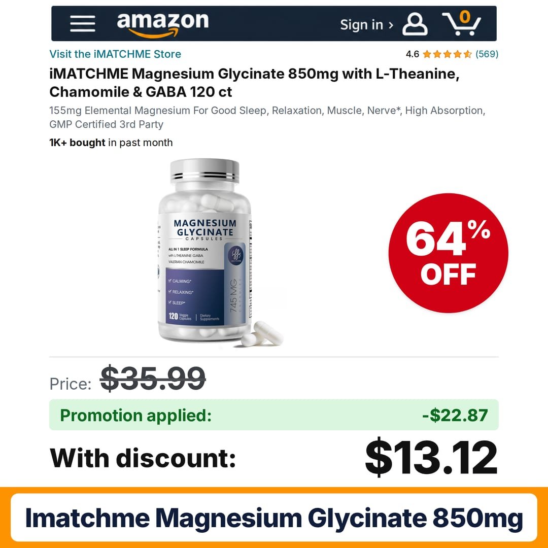 iMATCHME Magnesium Glycinate 850mg Amazon promo code 7YLQDZD5 – 64% off