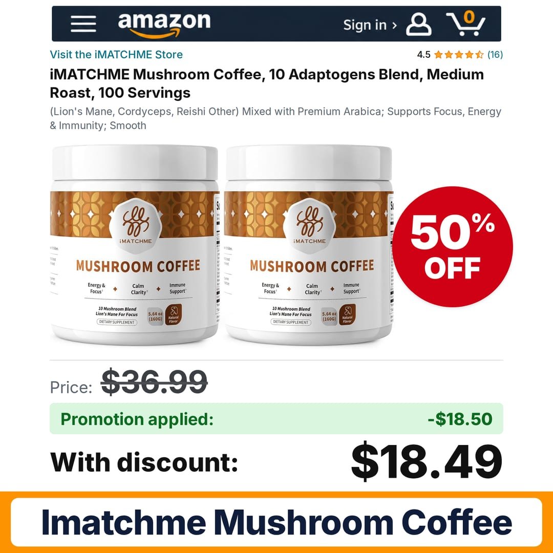 iMATCHME Mushroom Coffee Amazon promo code IVJSMAHL – 50% off