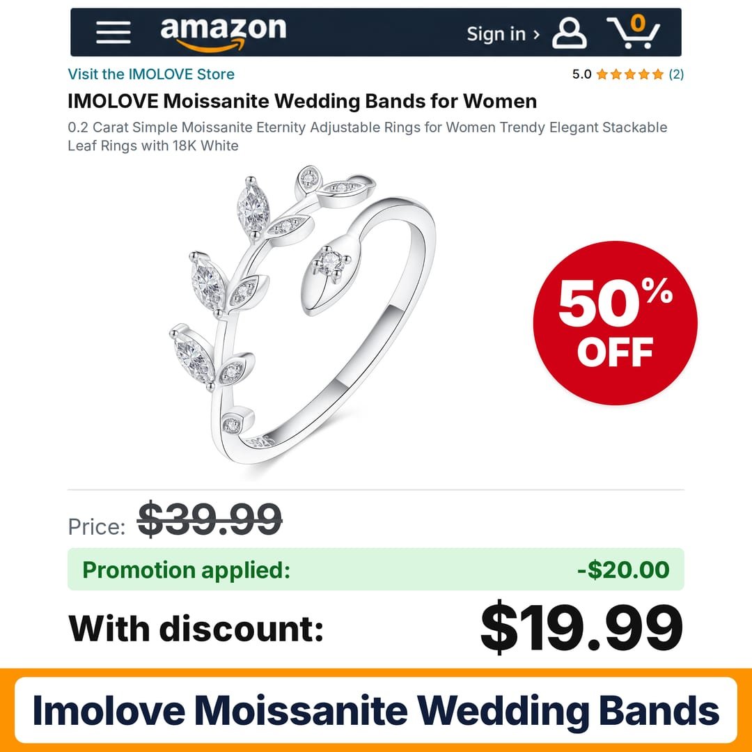 IMOLOVE Moissanite Wedding Bands Amazon promo code MDCUJS50 – 50% off