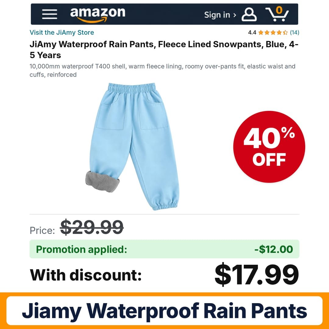 JiAmy Waterproof Rain Pants Amazon promo code J1CXP5E9 – 40% off