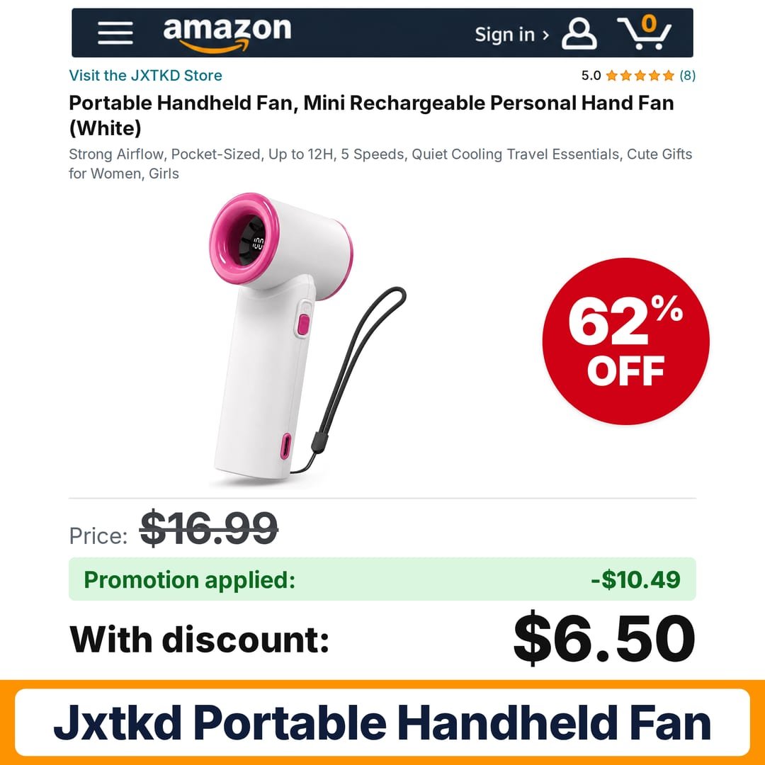 JXTKD Portable Handheld Fan Amazon promo code H3ZL995Y – 62% off