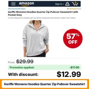 keriffe Womens Hoodies Quarter Zip Pullover Sweatshirt Y2K Grey Amazon promo code LZ6WDWMG – 57% off
