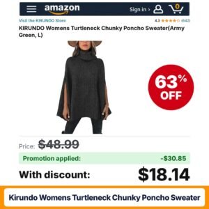KIRUNDO Womens Turtleneck Chunky Poncho Sweater Amazon promo code 9PTSOI6Y – 63% off