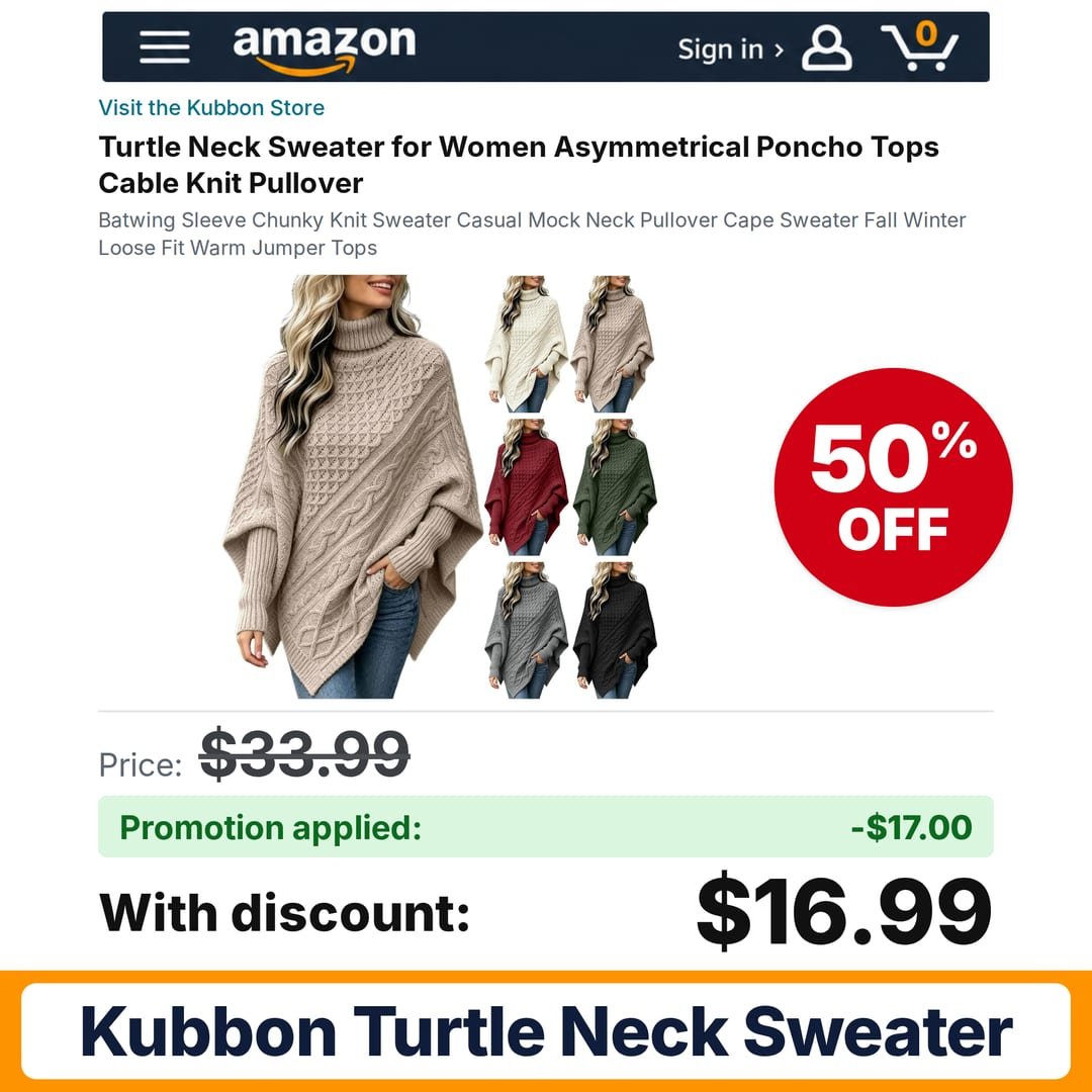 Kubbon Turtle Neck Sweater Amazon promo code Z46GQZE4 – 50% off