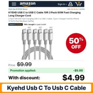 KYEHD USB C to USB C Cable Amazon promo code B9ZARBPS – 50% off