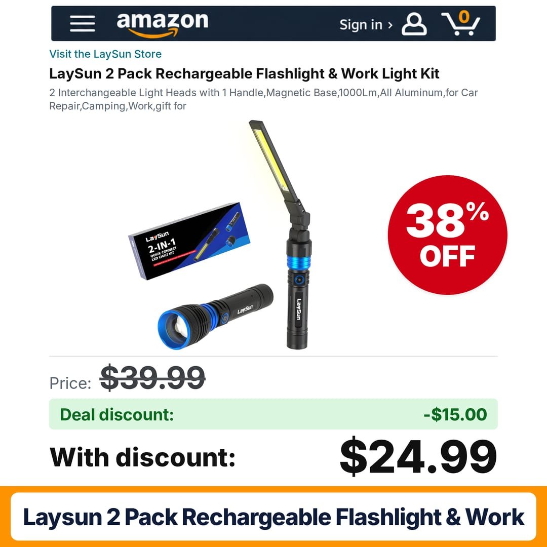 LaySun 2 Pack Rechargeable Flashlight & Work – 38% off