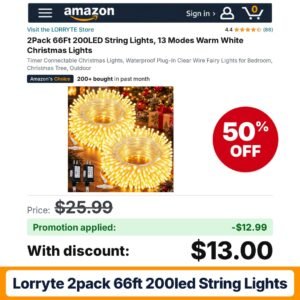 LORRYTE 2Pack 66Ft 200LED String Lights Amazon promo code HFSM3ZWP – 50% off