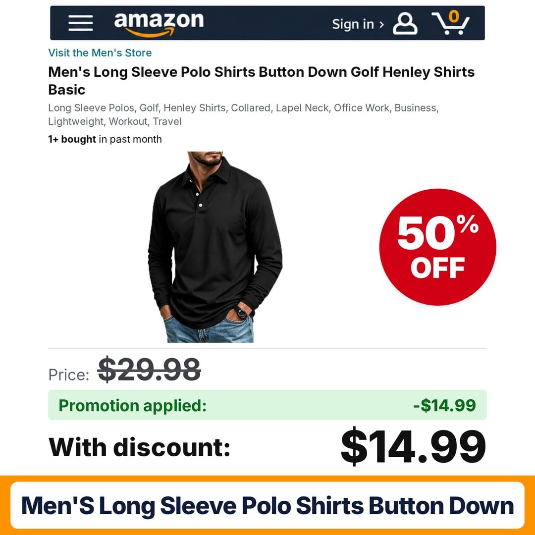 Men's Long Sleeve Polo Shirts Button Down Amazon promo code BV9QG2XC – 50% off