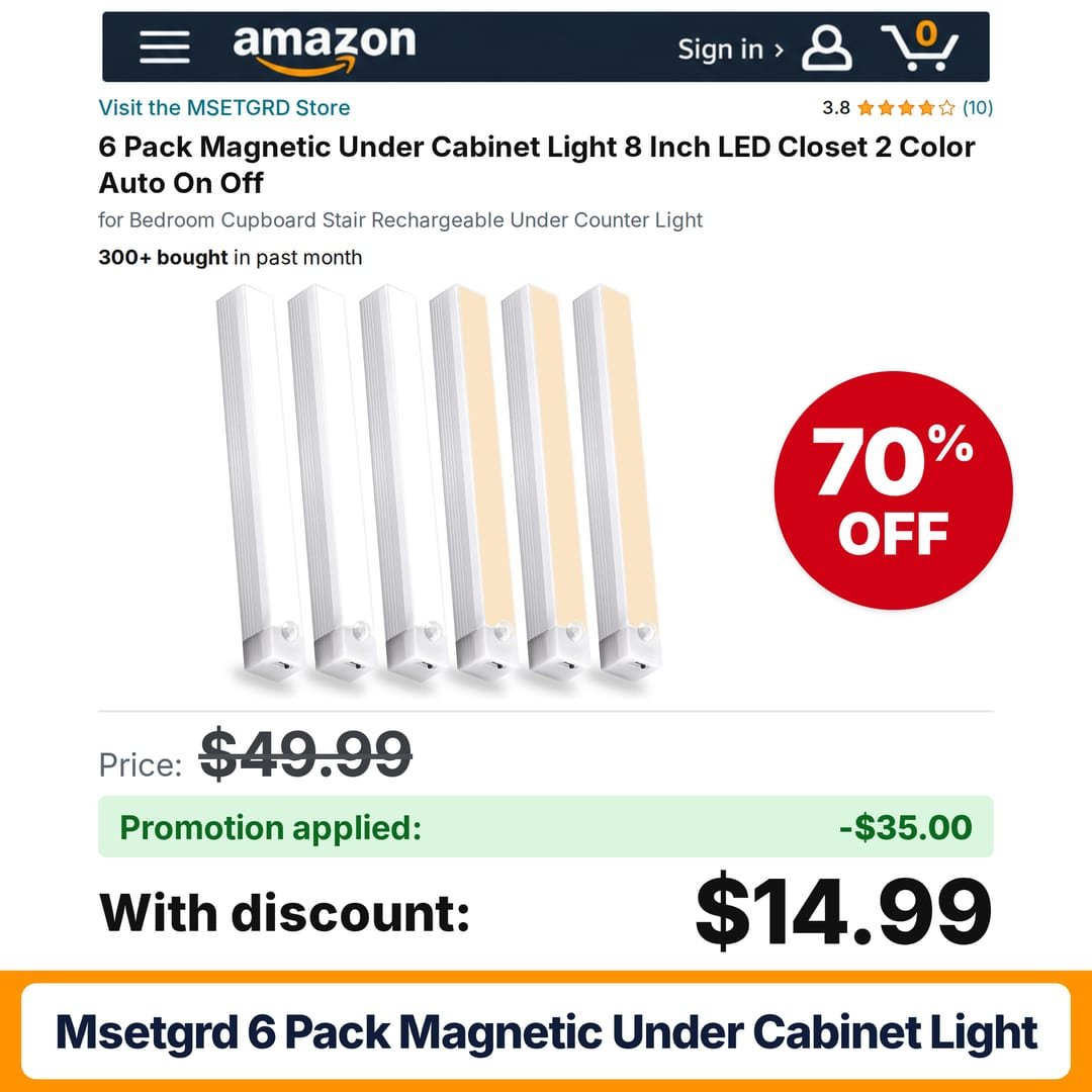 MSETGRD 6 Pack Magnetic Under Cabinet Light Amazon promo code 67O7RYY8 – 70% off