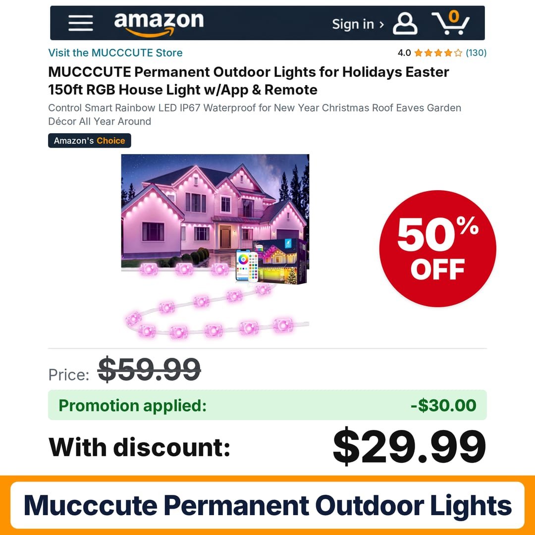 MUCCCUTE Permanent Outdoor Lights Amazon promo code YP9PL66I – 50% off