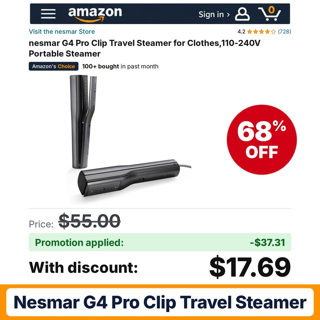nesmar G4 Pro Clip Travel Steamer Amazon promo code L2TPVPP8 – 68% off