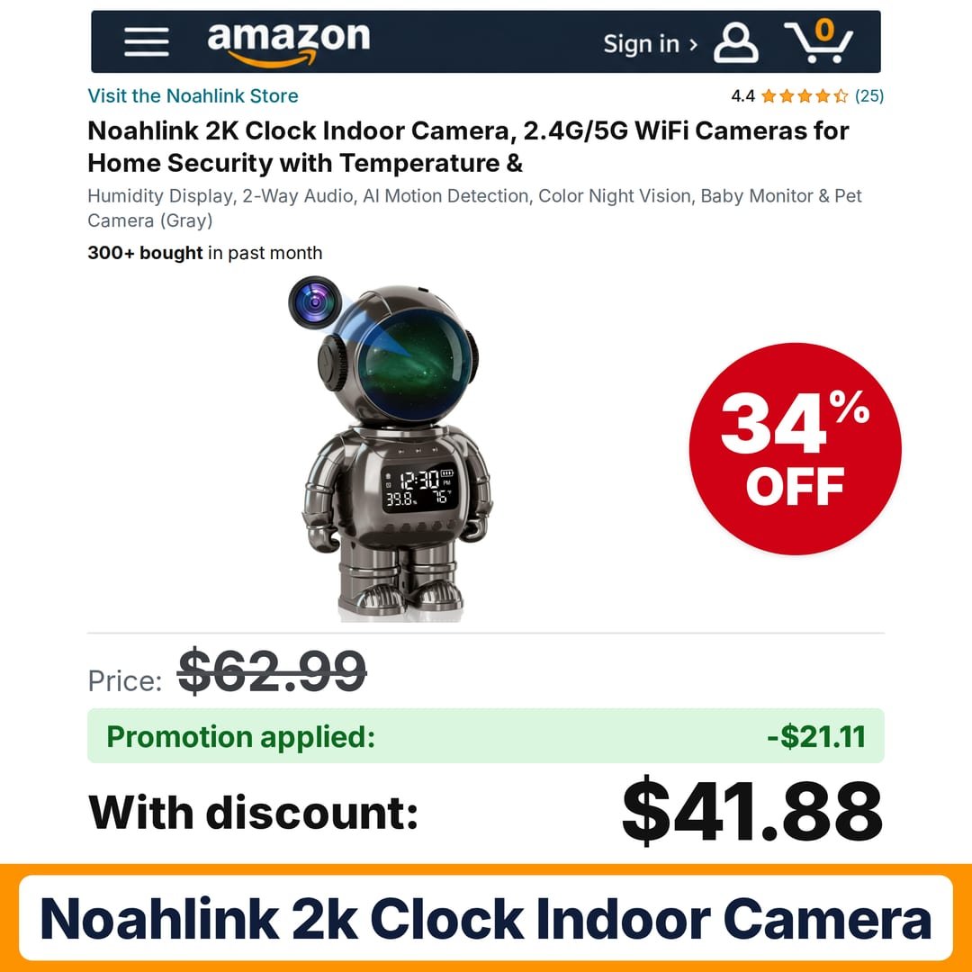 Noahlink 2K Clock Indoor Camera 2-Way Amazon promo code 6G0GWYTR – 34% off