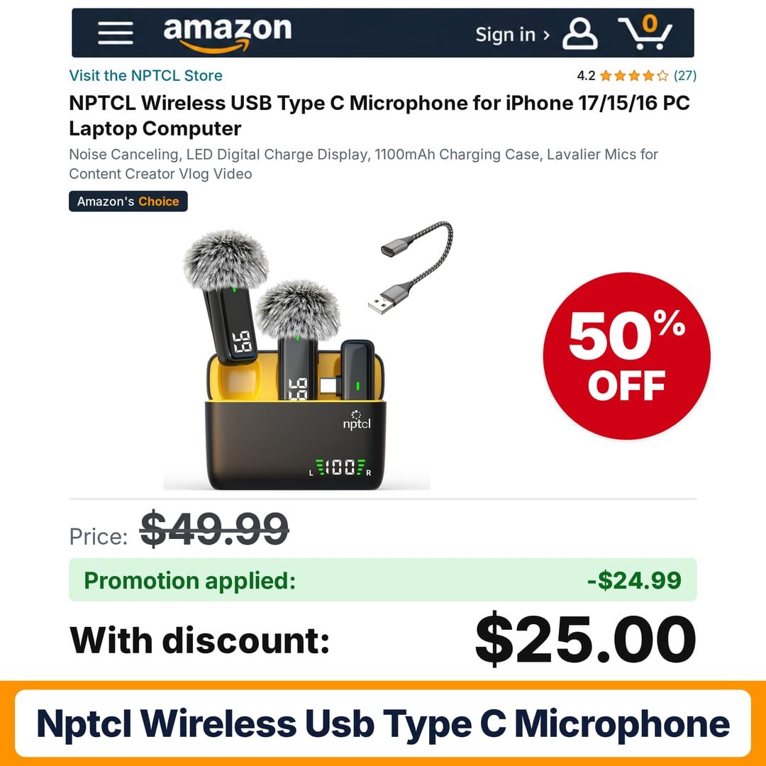NPTCL Wireless USB Type C Microphone Amazon promo code TL36CDA5 – 50% off