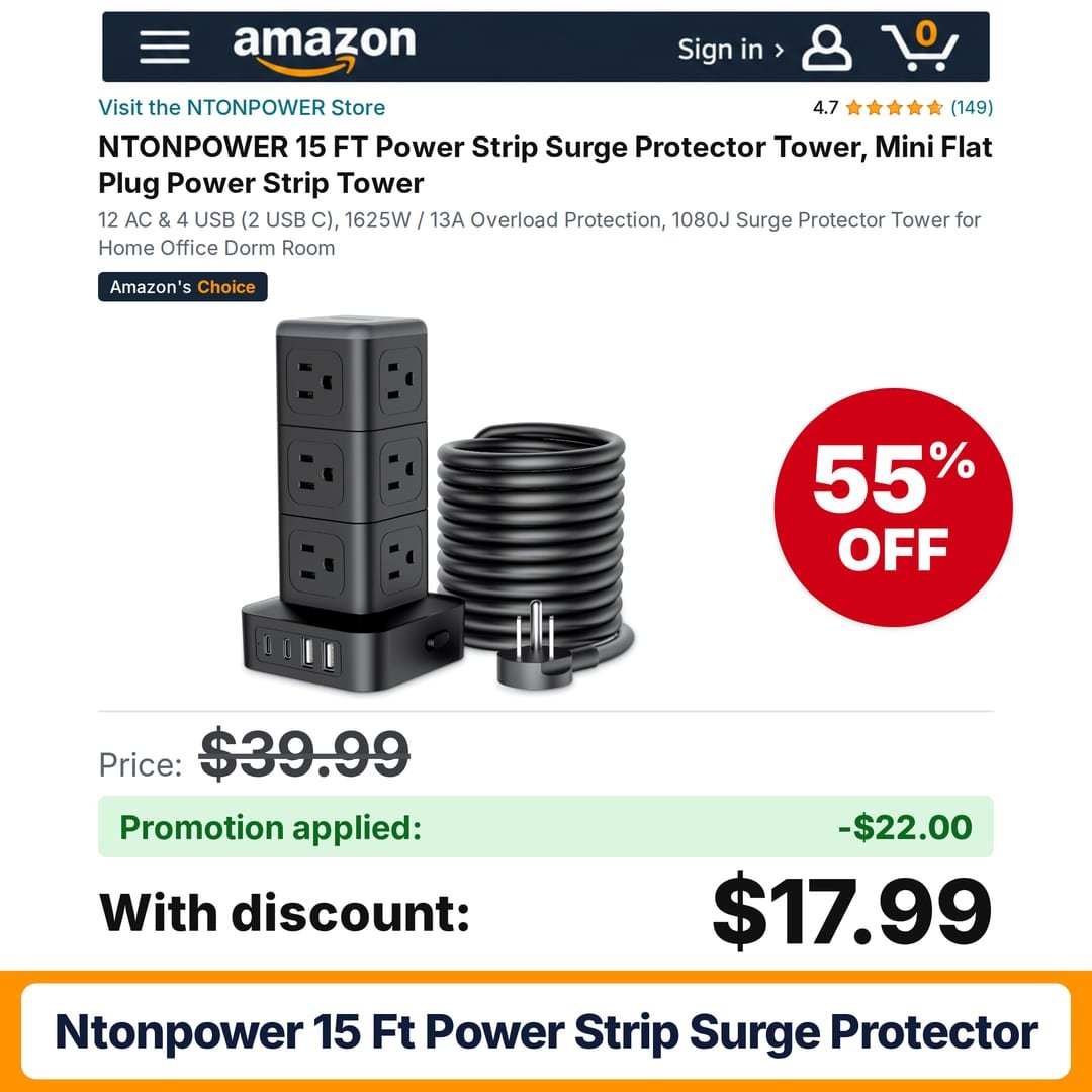 NTONPOWER 15 FT Power Strip Surge Protector Amazon promo code SVPDXZZQ – 55% off