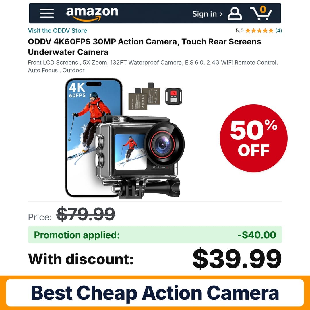 ODDV 4K60FPS 30MP Action Camera Amazon promo code AC1COD50 – 50% off
