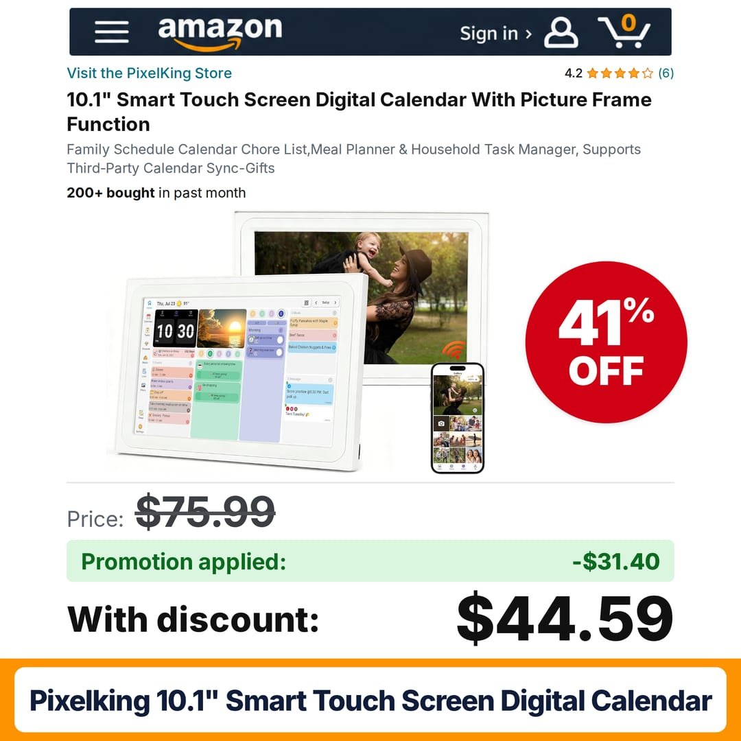 PixelKing 10.1" Smart Touch Screen Digital Calendar Amazon promo code JDUM9CHG – 41% off