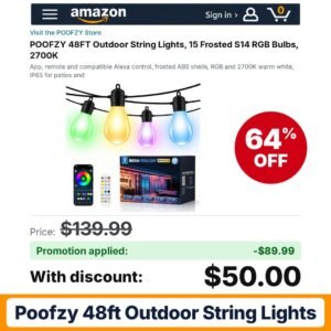 POOFZY 48FT Outdoor String Lights Amazon promo code POOFZYQP – 64% off