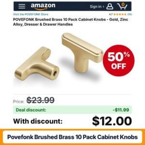 POVEFONK Brushed Brass 10 Pack Cabinet Knobs – 50% off