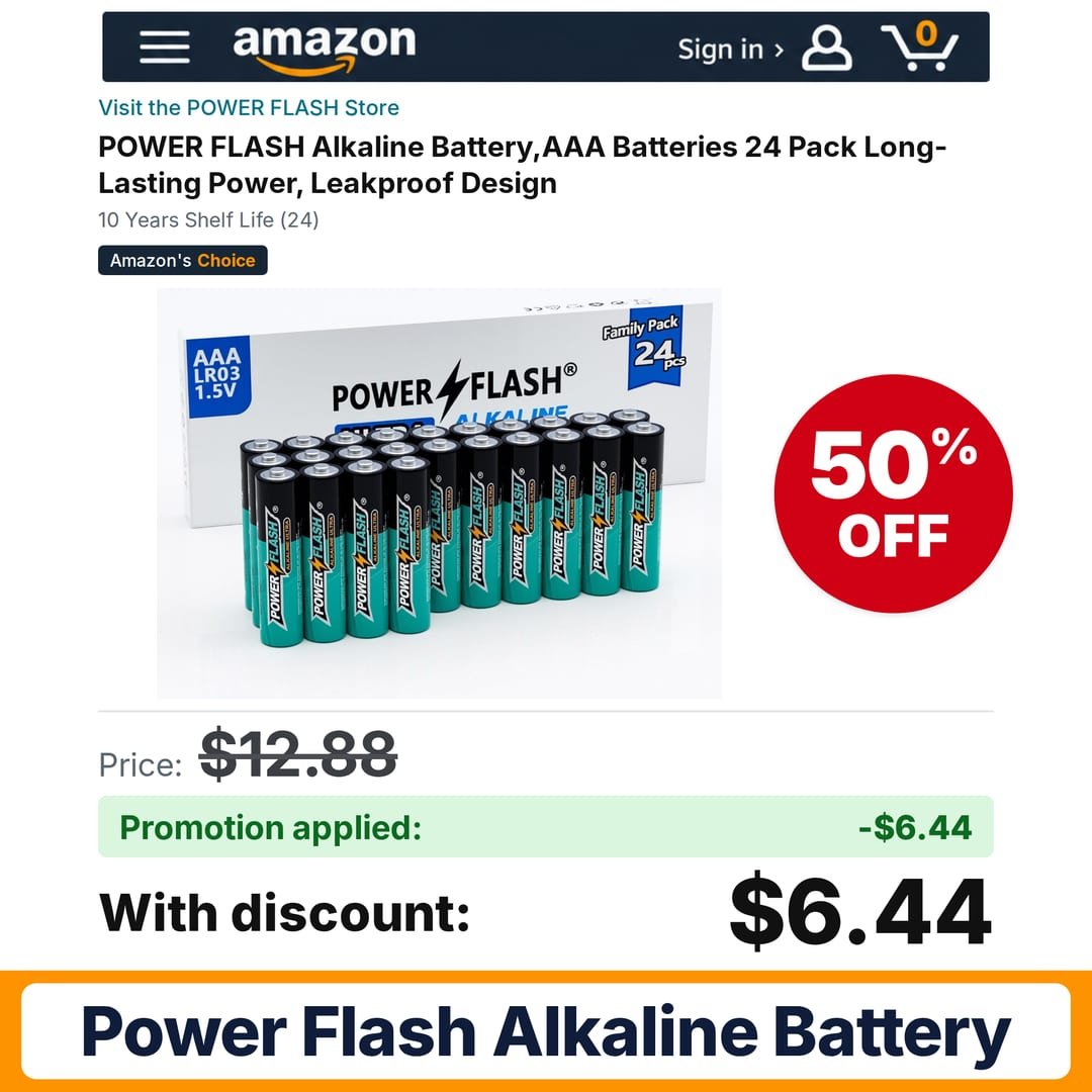 POWER FLASH Alkaline Battery Amazon promo code JP48P5RA – 50% off