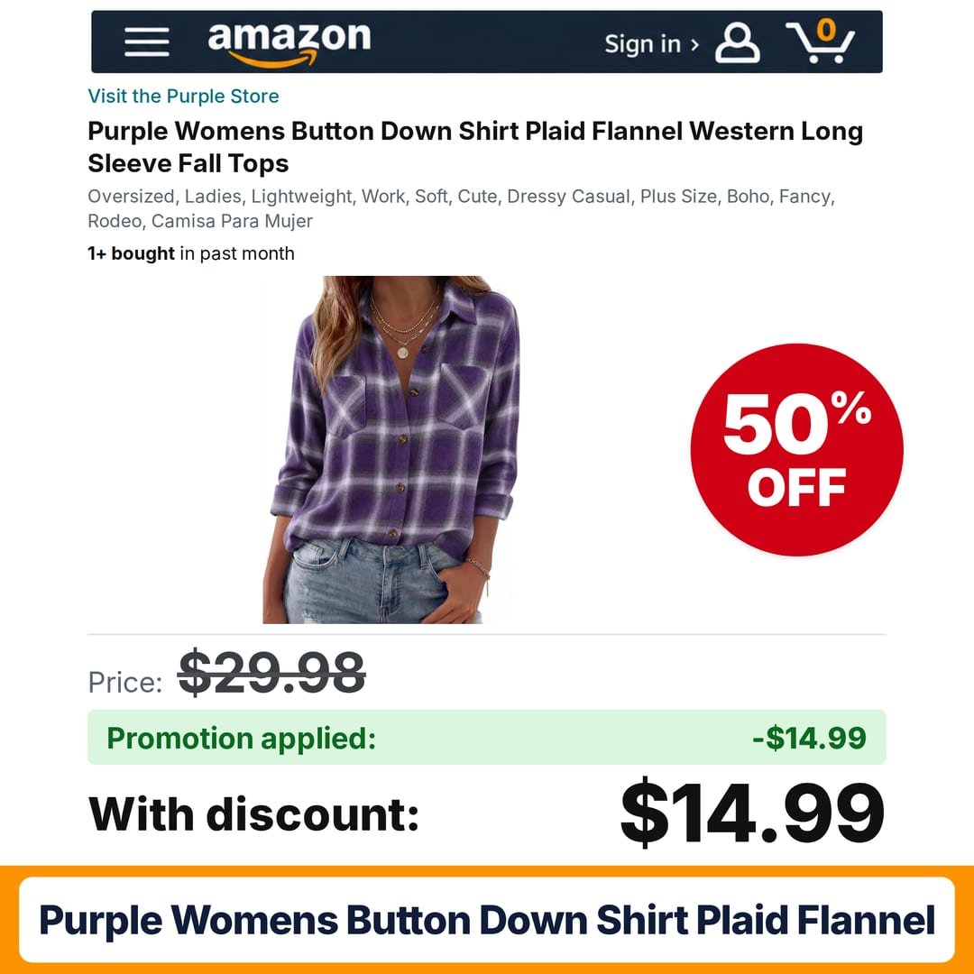 Purple Womens Button Down Shirt Plaid Flannel Amazon promo code W7AU366U – 50% off