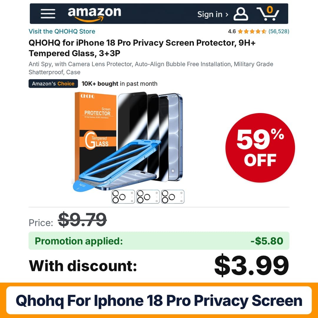 QHOHQ for iPhone 18 Pro Privacy Screen Amazon promo code 2VJYOOGT – 59% off