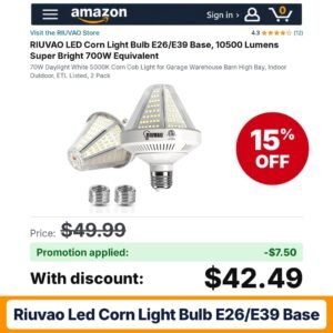 RIUVAO LED Corn Light Bulb E26/E39 Base Amazon promo code EQJO7D52 – 15% off