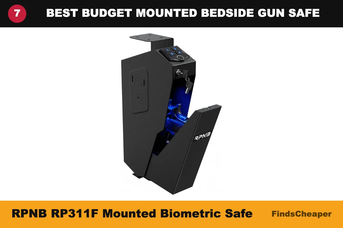 RPNB RP311F budget mounted bedside gun safe, biometric drop-down handgun safe, California DOJ certified