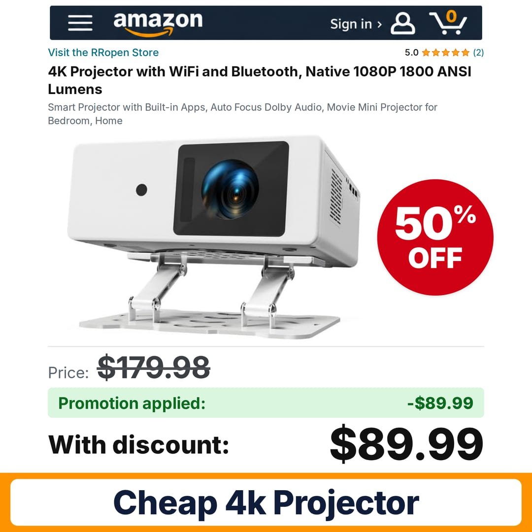 RRopen 4K Projector Amazon promo code URWGRM87 – 50% off