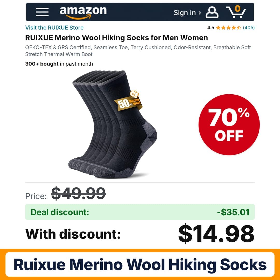 RUIXUE Merino Wool Hiking Socks – 70% off