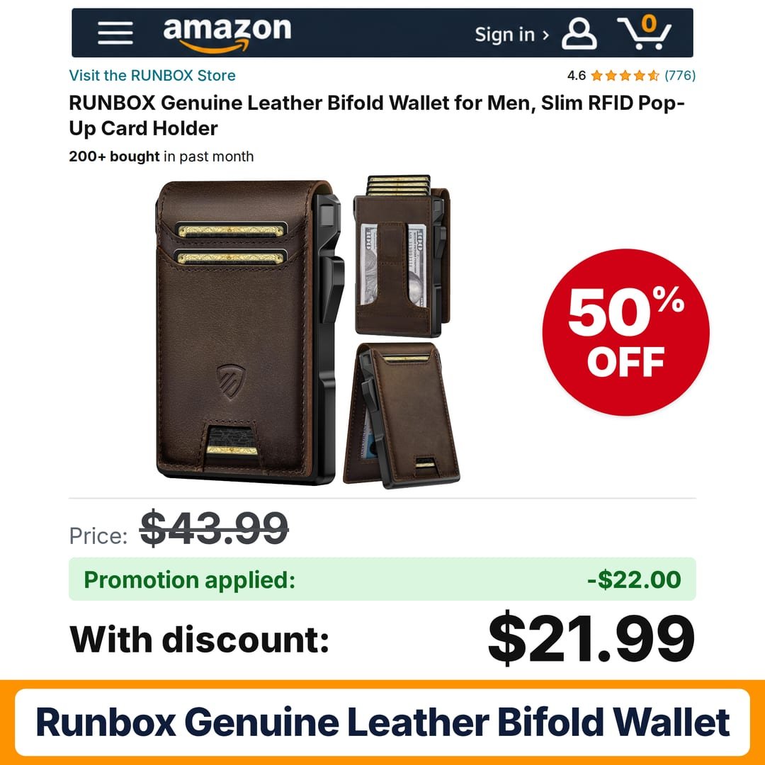 RUNBOX Genuine Leather Bifold Wallet Amazon promo code OI3423GU – 50% off